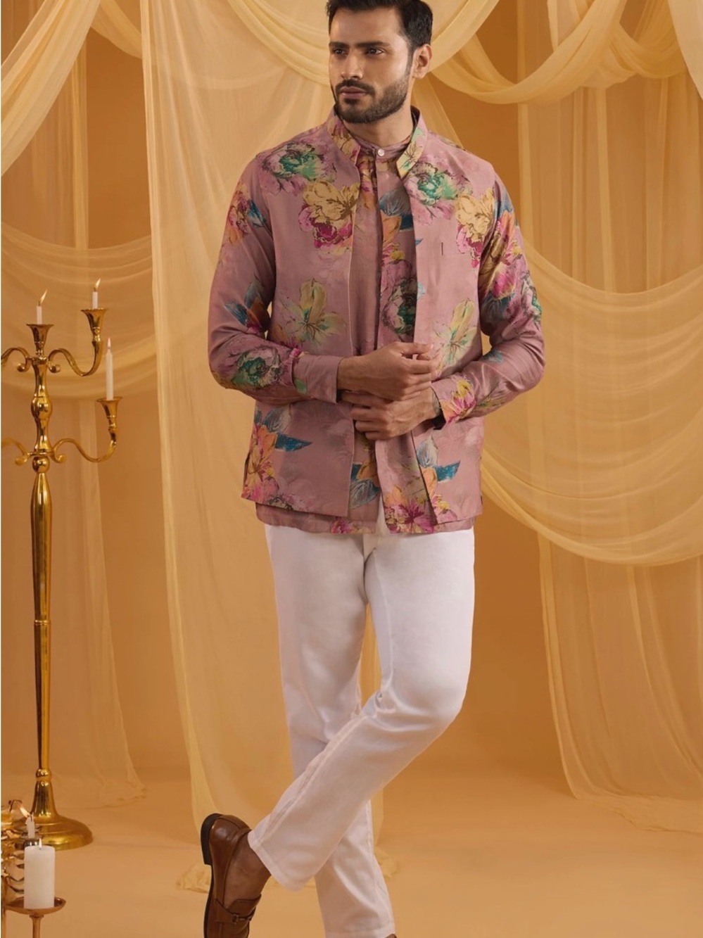 Floral Print Pink Men’s Kurta Jacket, Shirt & Pant Set